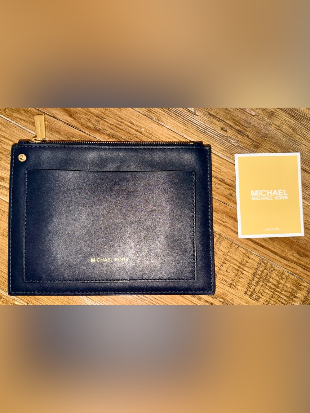 Michael Kors Black Leather Zip Pouch Clutch Front Pocket Gold Hardware Like New
